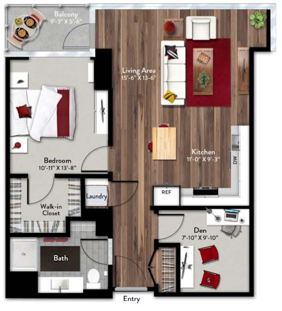 A floor plan of a home showing a living area, kitchen, bedroom, bathroom, and laundry.