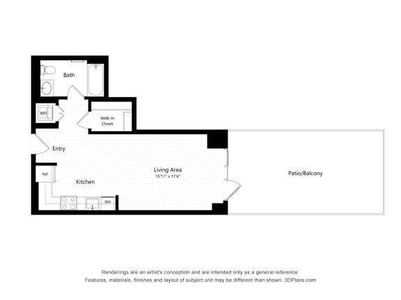 A floor plan of a home with a living area, kitchen, bath, and entry at Continuum, White Plains, 10606