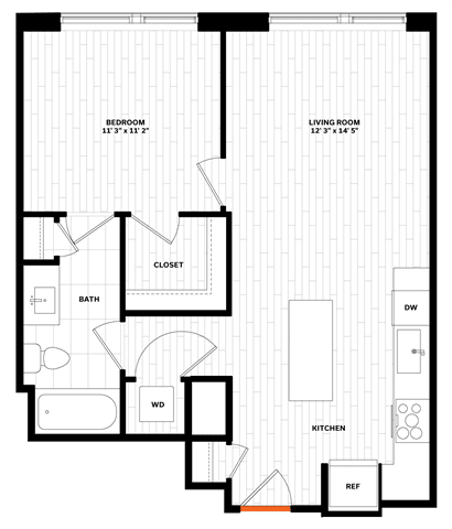 1 bedroom 1 bathroom Floor plan C at Altaire, Arlington, VA, 22202