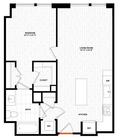 1 bedroom 1 bathroom Floor plan E at Altaire, Arlington, VA