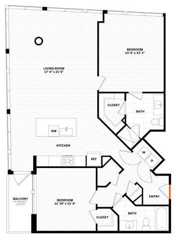 2 bed 2 bathroom Floor plan F at Altaire, Arlington, VA, 22202