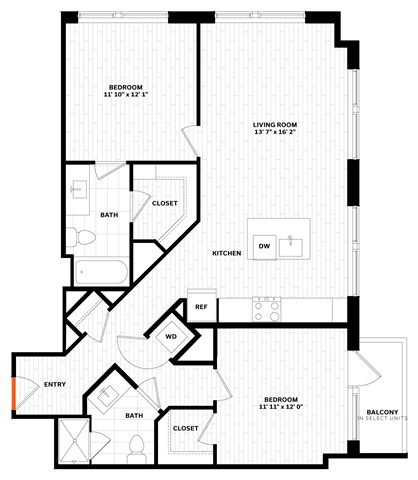 2 bedroom 2 bathroom Floor plan K at Altaire, Arlington, VA