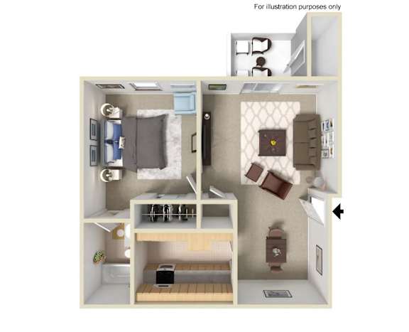 A 3D floor plan of a small apartment with a kitchen, living room, and bedroom.