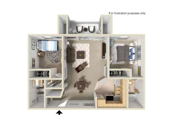 A cutaway diagram of a small apartment layout.