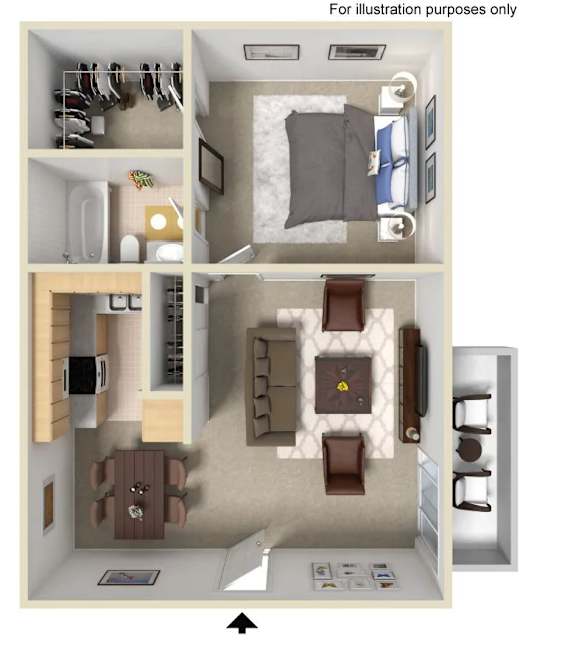 A top-down view of a small apartment with a kitchen, living room, and bedroom.