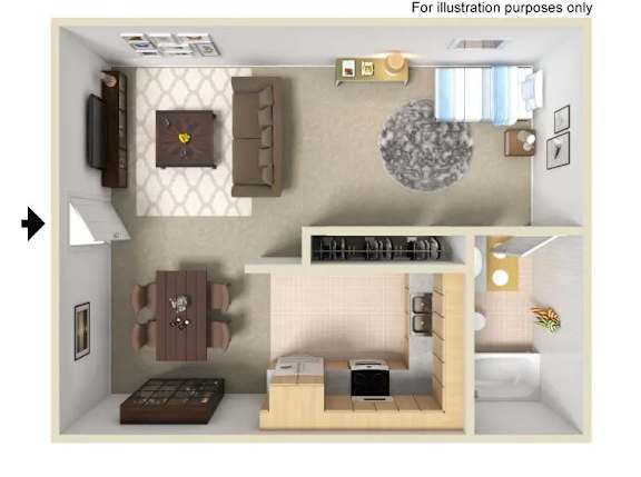 A 3D illustration of a room with a bed, a desk, and a chair.