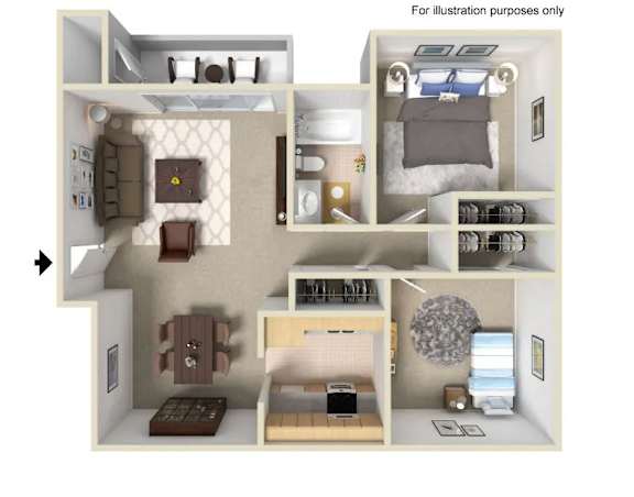 A diagram of a small apartment layout with a kitchen, living room, and bedroom.