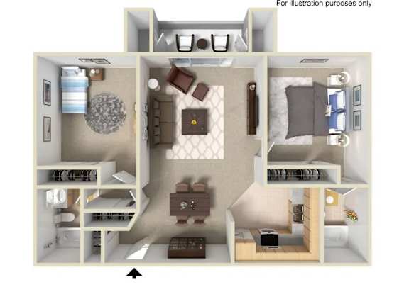 A 3D floor plan of a small apartment with a kitchen, living room, and bedroom.