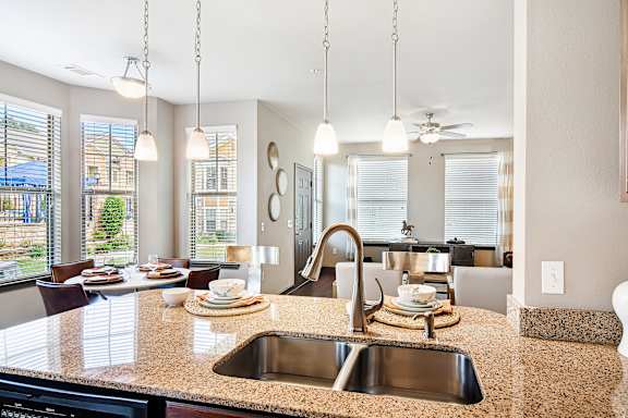 Modern kitchen with granite countertops and stainless steel appliances at Wellington Grande Apartment Homes, Longview, 75605