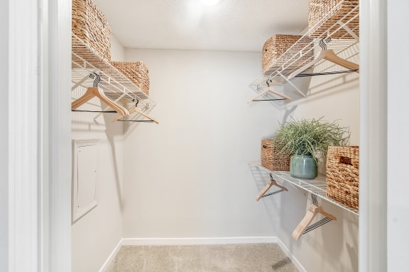 the walk in closet of a home with baskets and hangers on the wall at Reserve of Jackson Apartment Homes, Mississippi, 39211