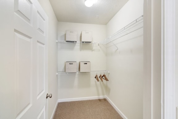 a walk in closet with shelves and a white door at Summit of Shreveport Apartment Homes, Shreveport