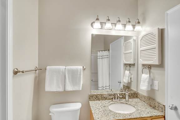 A bathroom with a toilet, sink, and mirror at Ashford Place Apartment Homes, Flowood, MS