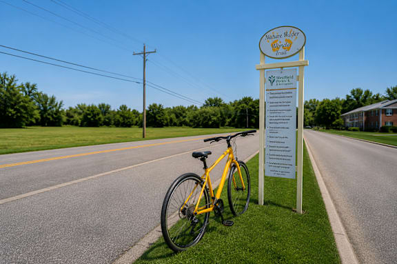 A yellow bicycle is parked next to a sign for Nature Mile.