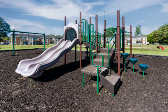 a playground with a slide and climbing equipment in a park