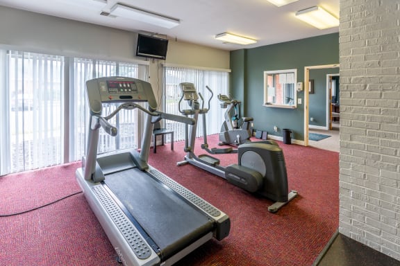 a gym with treadmills and other exercise equipment on a red rug