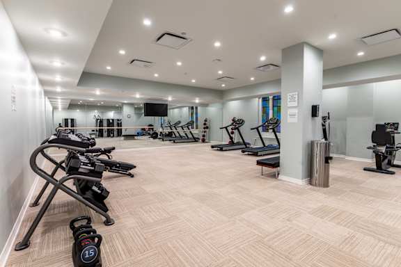 A gym with a variety of exercise equipment including treadmills, stationary bikes, and weight machines. at Park Heights by the Lake Apartments, Chicago, Illinois