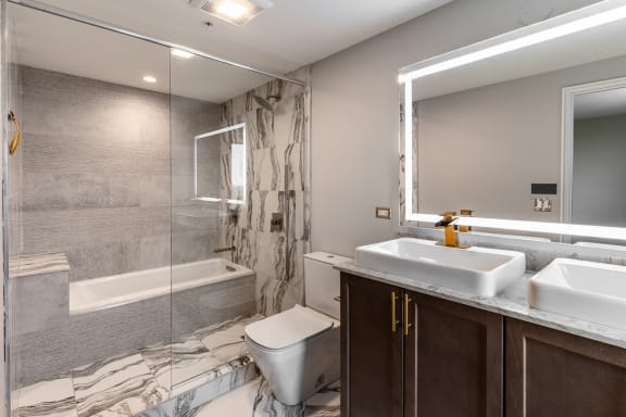 a bathroom with a shower toilet and sink and a mirror