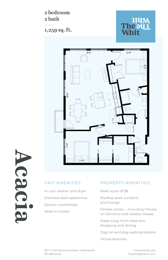 Luxury 2 Bed 2 Bath, 1,259 sqft, 2D Floorplan at The Whit in Indianapolis, IN 46204