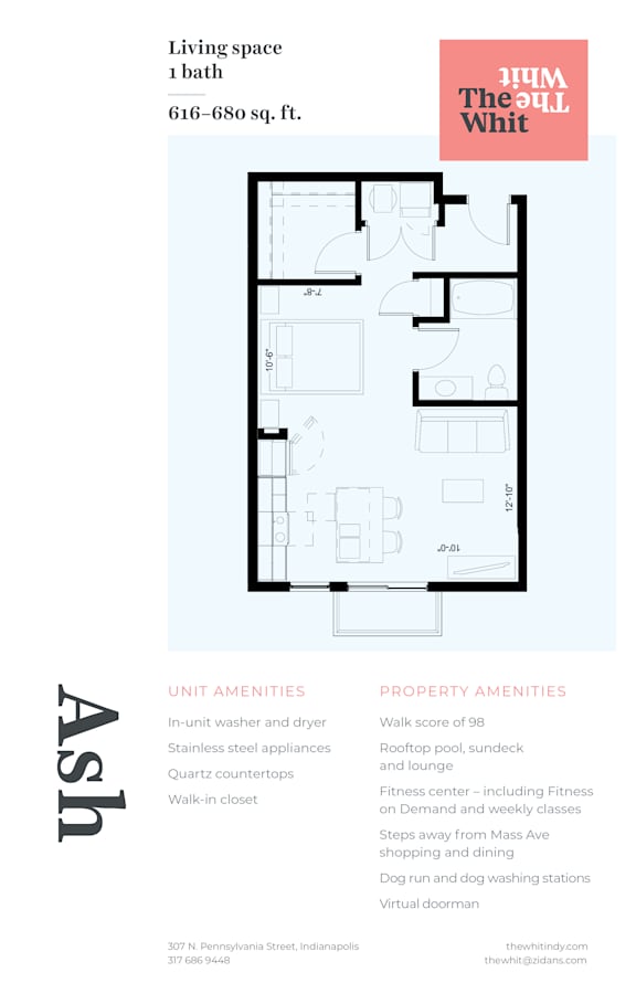 Luxury Studio, 616 sqft, 2D Floorplan at The Whit in Indianapolis, IN 46204