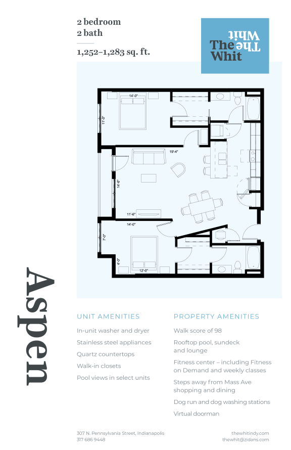 Luxury 2 Bed 2 Bath, 1,252 - 1,283 sqft, 2D Floorplan at The Whit in Indianapolis, IN 46204