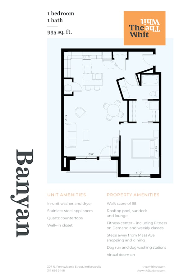 Luxury 1 Bedroom 1 Bathroom, 935 sqft, 2D Floorplan at The Whit in Indianapolis, IN 46204
