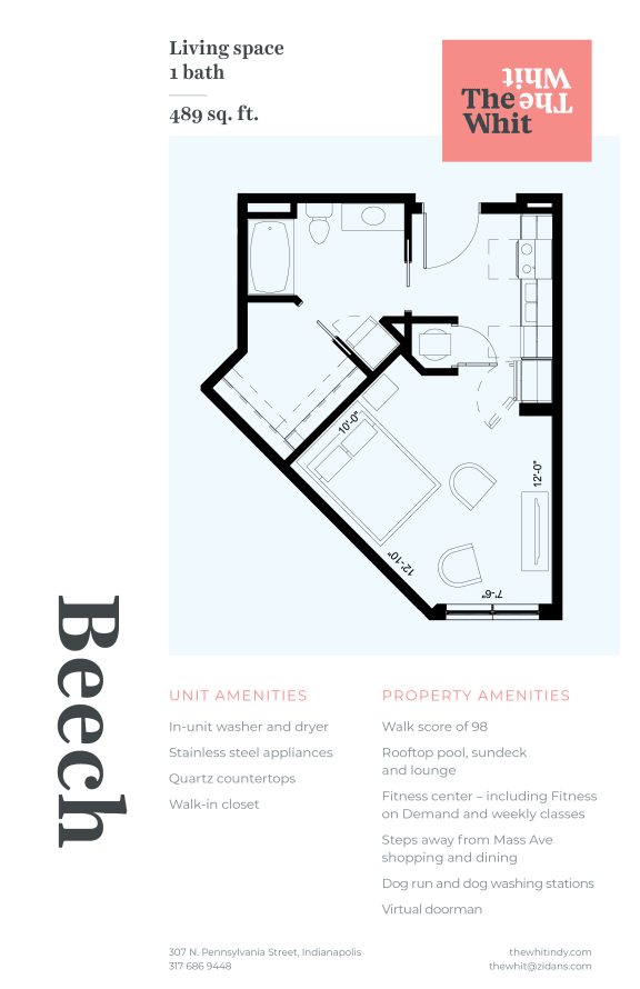 Luxury Studio, 498 sqft, 2D Floorplan at The Whit in Indianapolis, IN 46204