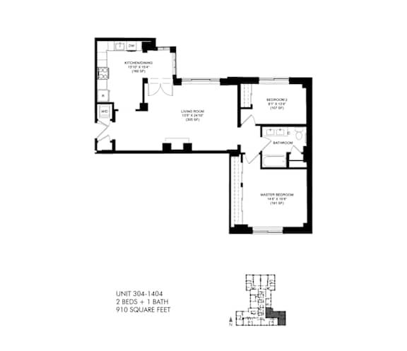 910 SQFT 2 Bed 1 Bath 2D View at Park Heights by the Lake Apartments, Chicago, IL
