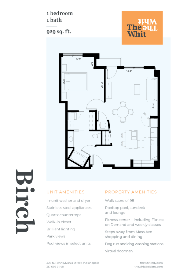 Luxury 1 Bedroom 1 Bathroom, 929 sqft, 2D Floorplan at The Whit in Indianapolis, IN 46204