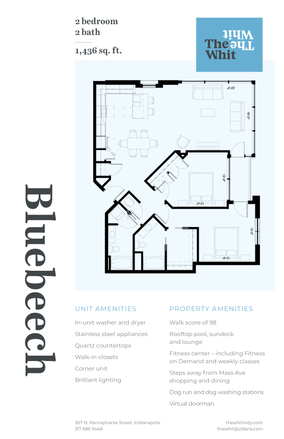 Luxury 2 Bed 2 Bath, 1,436 sqft, 2D Floorplan at The Whit in Indianapolis, IN 46204