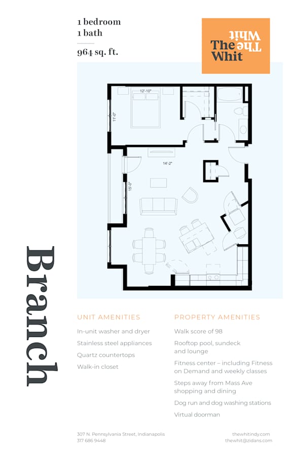 Luxury 1 Bedroom 1 Bathroom, 964 sqft, 2D Floorplan at The Whit in Indianapolis, IN 46204