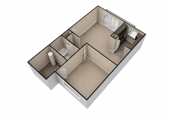 A 3D image of a house layout with a kitchen, living room, and two bathrooms.