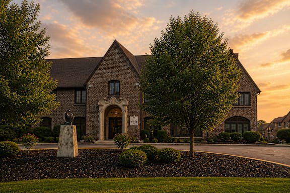 A house with a fountain in front of it.