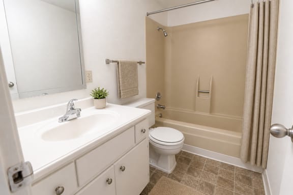 A bathroom with a toilet, sink, and shower.