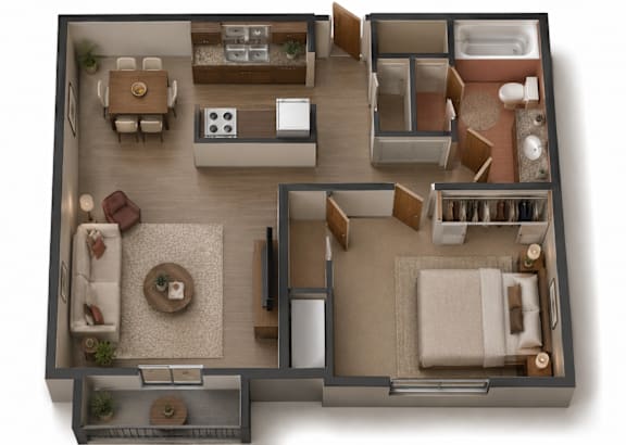 A top-down view of a well-furnished living space.