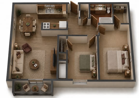 A 3D floor plan of a house showing a living room, kitchen, and two bedrooms.