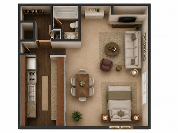 A top-down view of a living room with a couch, coffee table, and kitchen area.