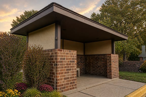 A small house with a brown brick pillar and a grey roof.