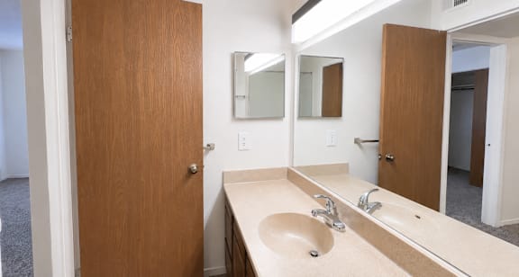 A bathroom with a sink and mirror.