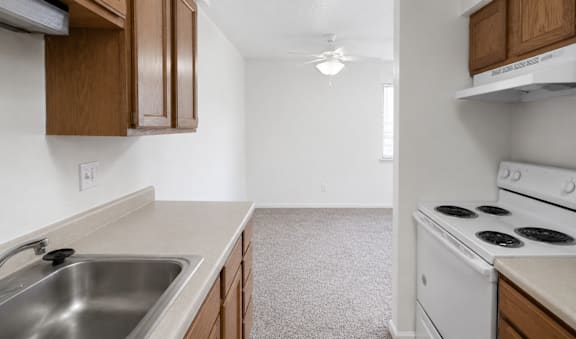 A kitchen with a stove, sink, and cabinets.