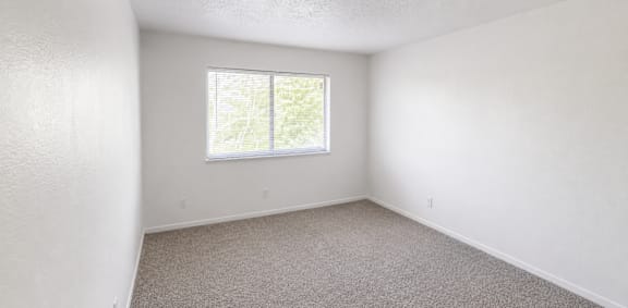 A room with a window and carpeted floor.