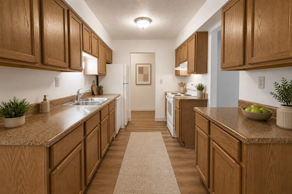 A kitchen with wooden cabinets and a rug on the floor.
