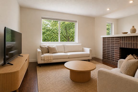 A living room with a white couch, a television, and a fireplace.