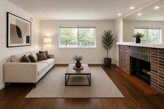 A living room with a fireplace and a couch.