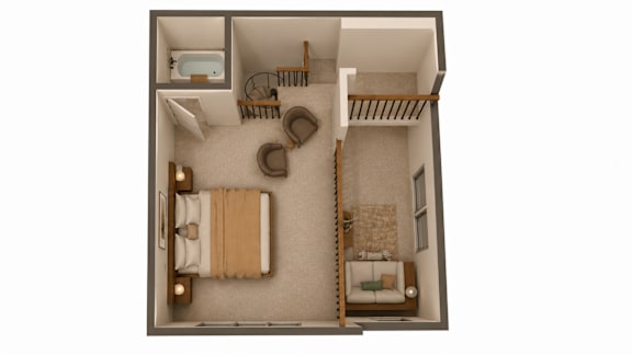 A top down view of a bedroom with a bed, chair, and shelves.