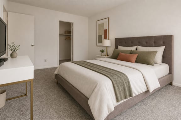 A bedroom with a large bed and a television.