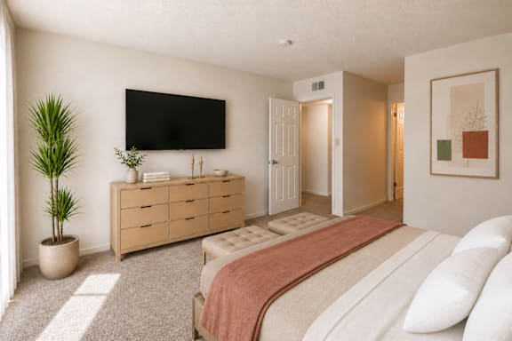 A bedroom with a large bed, a TV, and a plant.