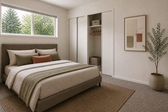 A bedroom with a large bed and a potted plant.