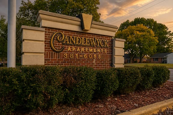 The image shows a sign for Candlewick Apartments with a phone number on it.