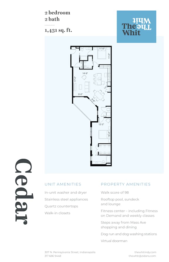 Luxury 2 Bed 2 Bath, 1,431 sqft, 2D Floorplan at The Whit in Indianapolis, IN 46204