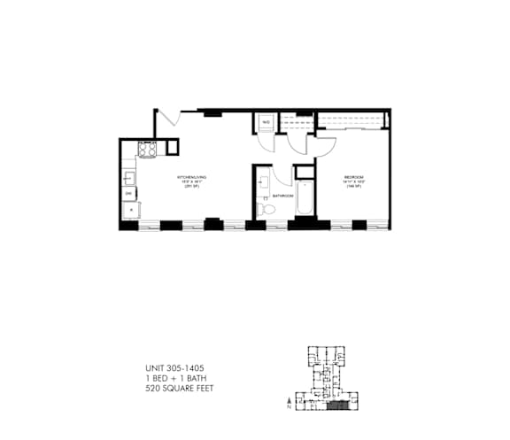 520 SQFT 1 Bed 1 Bath 3D View Floor Plan at Park Heights by the Lake Apartments, Illinois, 60649